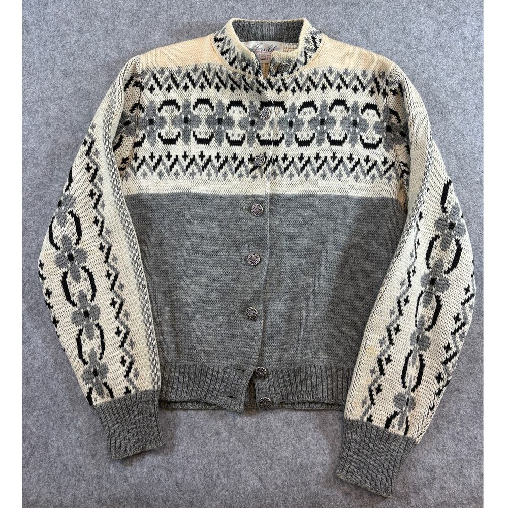 Vintage 60s Jersild Cardigan Sweater Womens Medium Gray Wool Knit Retro Aztec